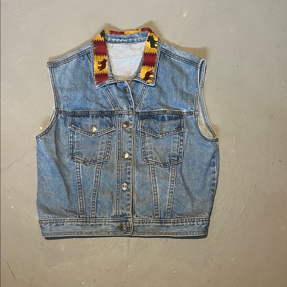 Denim Vest with Patterned Collar